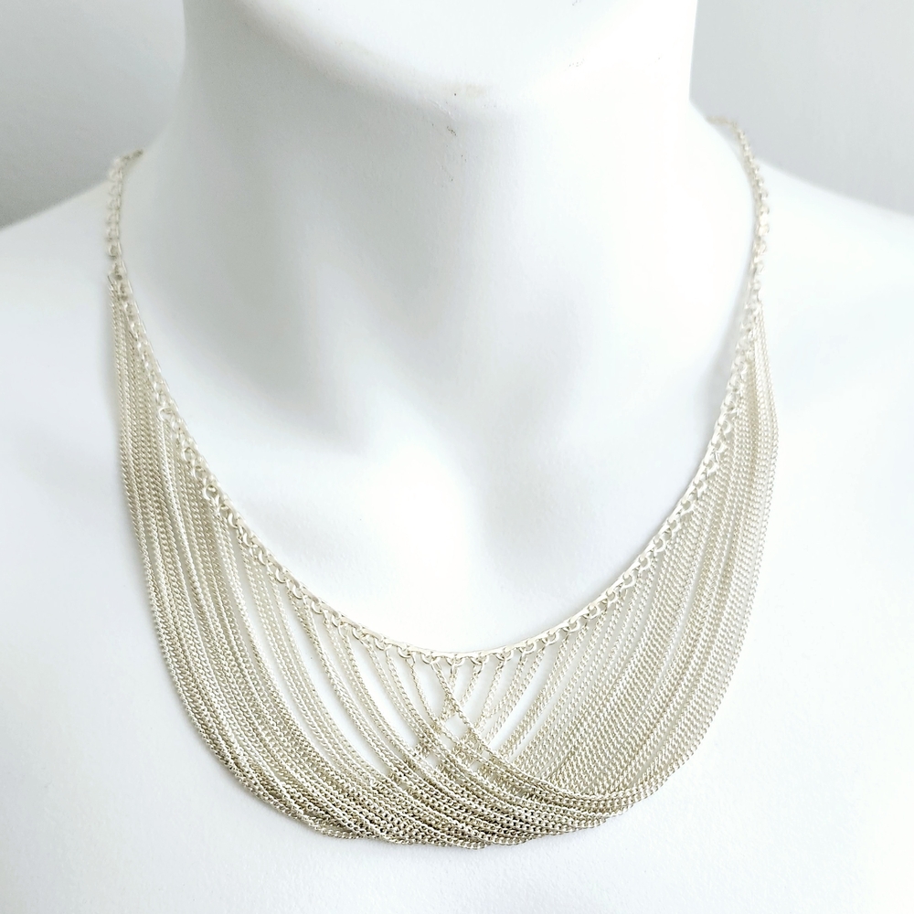 925 Sterliving Silver Mult-Chain Bib Necklace, 925 Statement Necklace